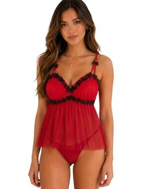 Vintage La Senza Red Sheer Tulle Babydoll Lingerie Red Women's Large